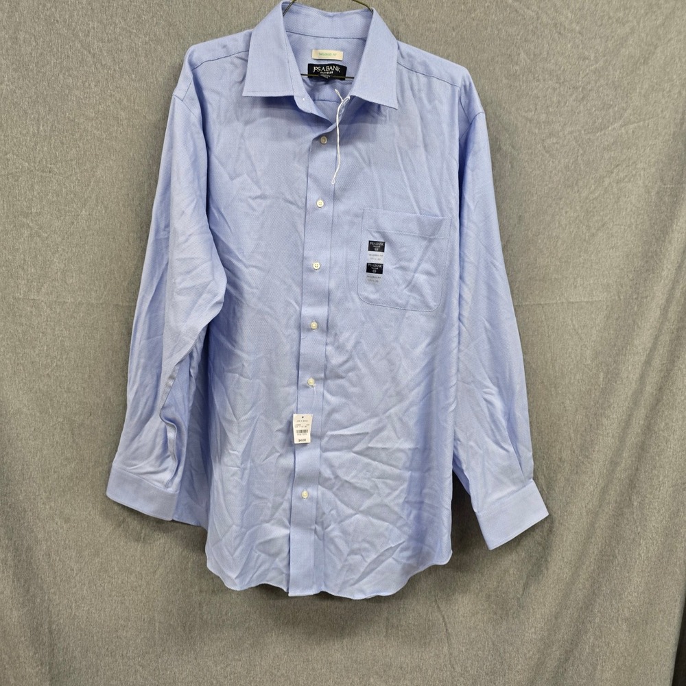 Jos A Bank Traveler Tailored Fit Dress Shirt Blue Micro Pattern 17 1/2 35 NEW
